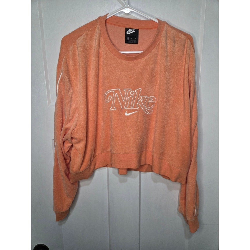 Nike Womens Velour Cropped Sweatshirt Peach Orange Script Logo Pullover Medium
